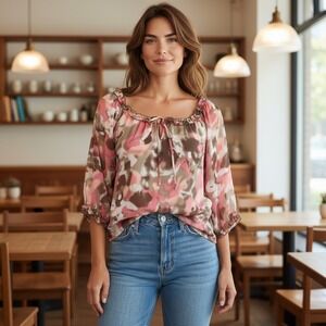 Signature by Larry Levine Women Blouse 2X Pink Brown Abstract Watercolor Flowy